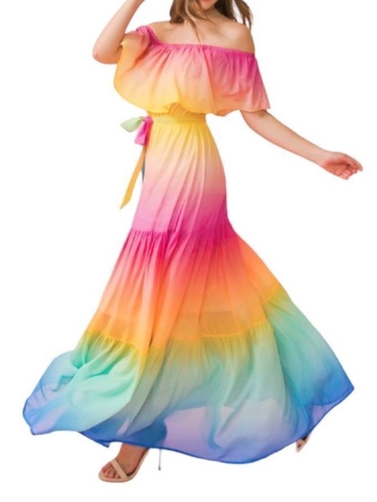 Vici Dresses & Skirts - Vici Rainbow Skies Off-Shoulder Tiered Ombré Maxi Dress